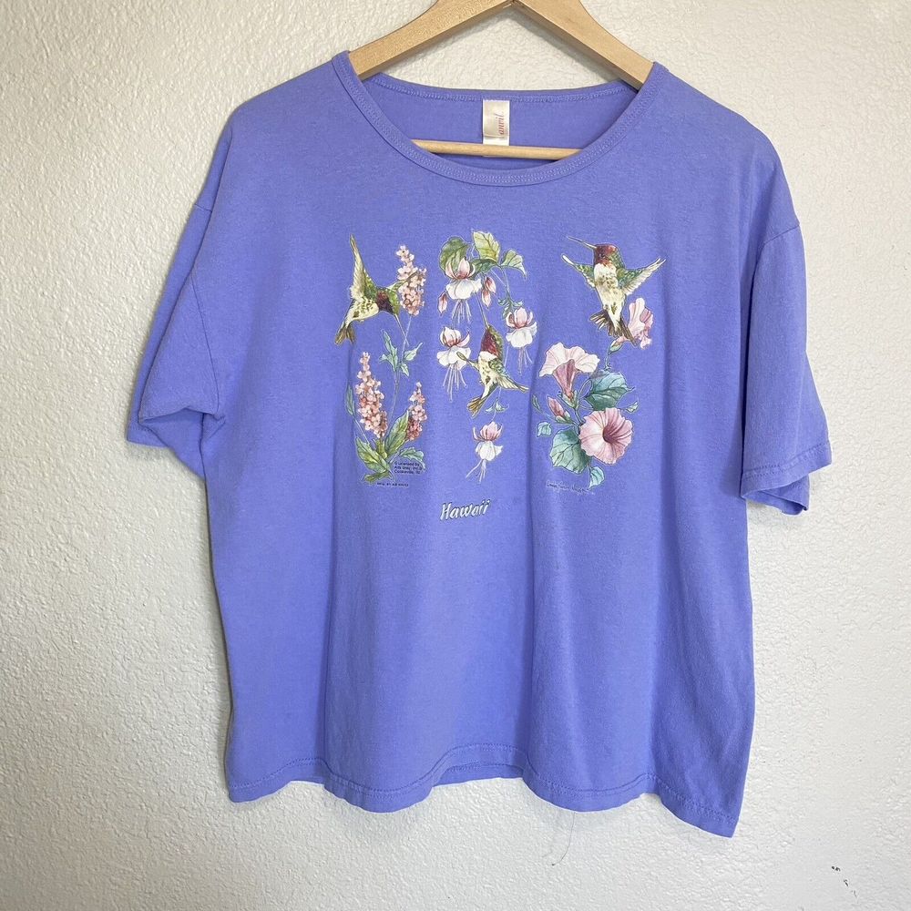 Vintage Anvil T Shirt Women’s Large Purple Floral Birds Graphic Print Coastal